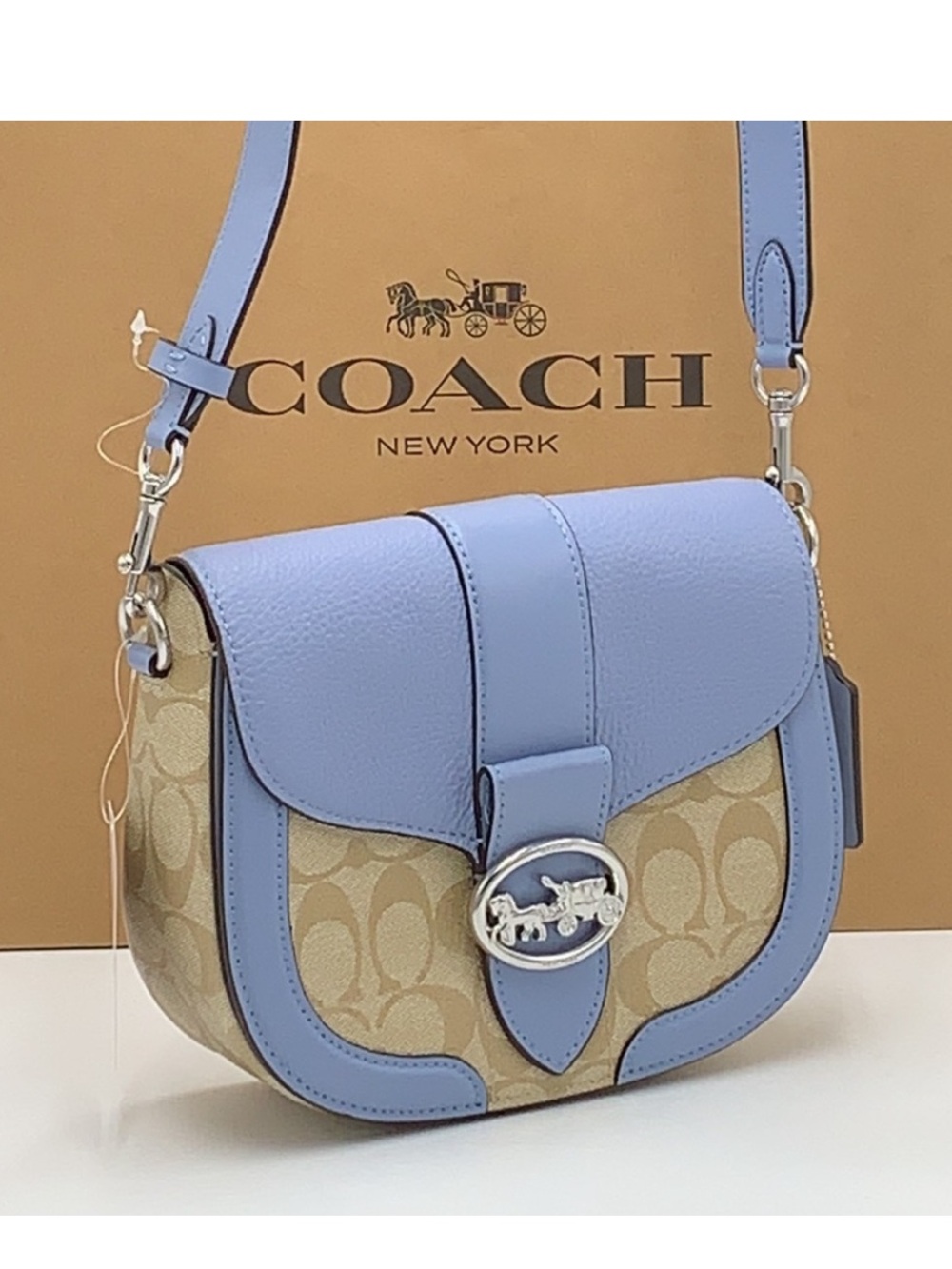 COACH Georgie Saddle Bag In Signat Canvas COLOR:
Silver/Light Khaki/Marble
Blue - Picture 3 of 16